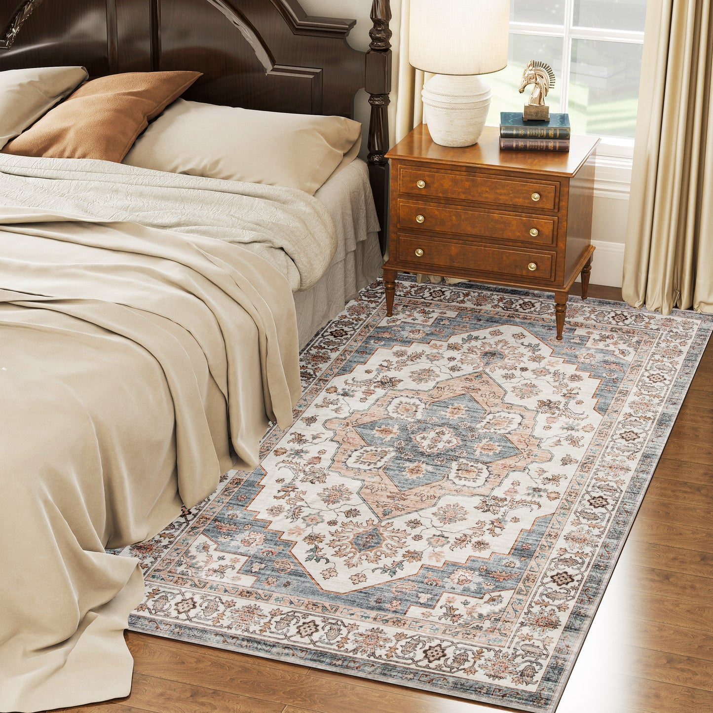 4x6 Area Rug, Vintage Machine Washable Rug, Non-Slip Carpet For Living Room, Bedroom, Dining Room, Brown & Light Blue