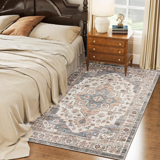 4x6 Area Rug, Vintage Machine Washable Rug, Non-Slip Carpet For Living Room, Bedroom, Dining Room, Brown & Light Blue