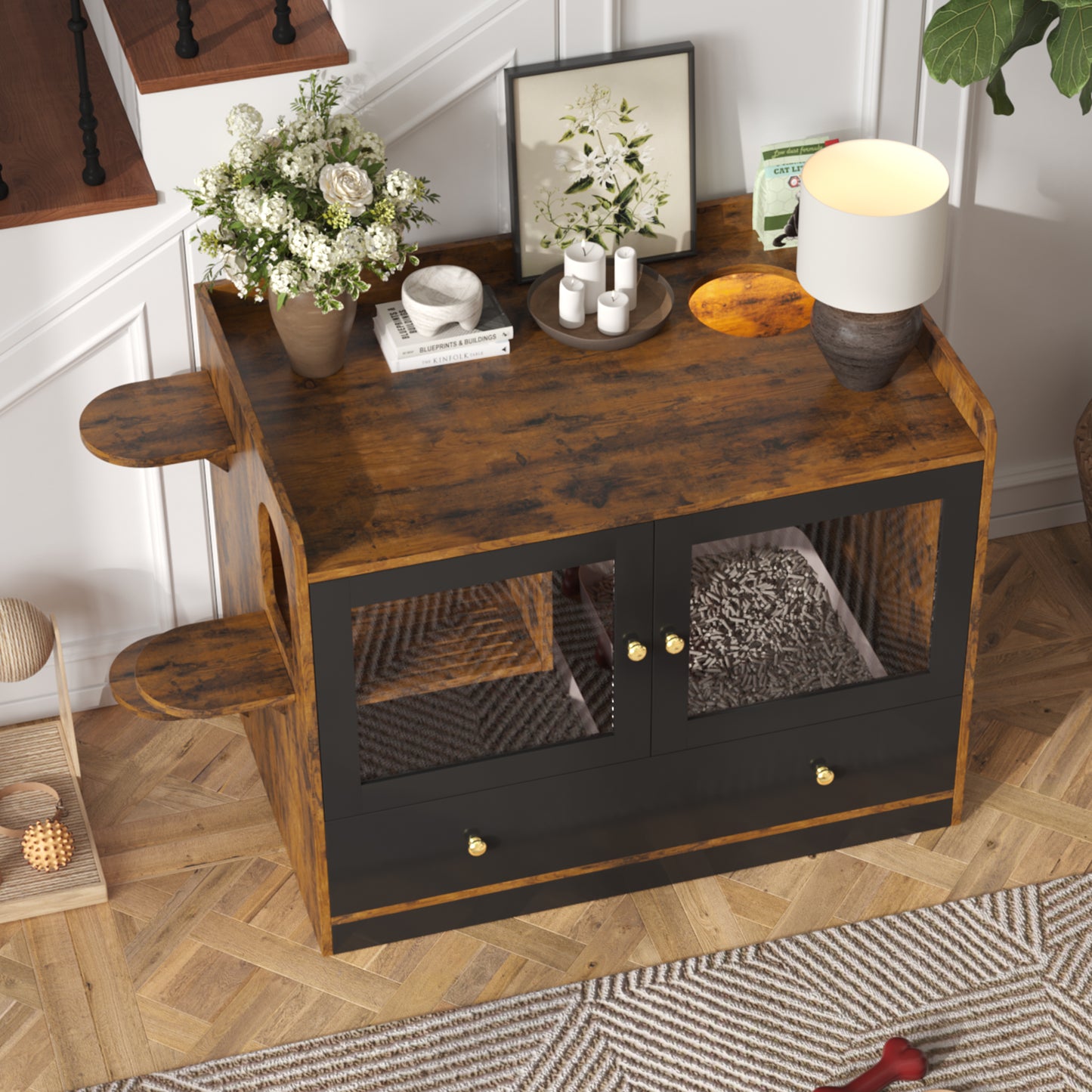 Cat Litter Box Enclosure, Hidden Cat Litter Box Furniture With Drawer And Stairs, Wooden Cat House Washroom For Bedroom,Cat Cabinet Side Table For Living Room, Rustic Brown And Black