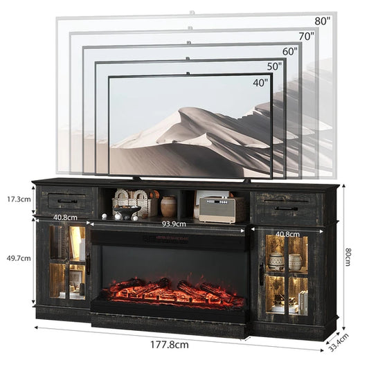 70-inch Black Gold Oak Electric Fireplace TV Stand - 2 Lattice Glass Doors, 2 Drawers & Shelf, Compatible With 36' 3-Sided Glass Insert