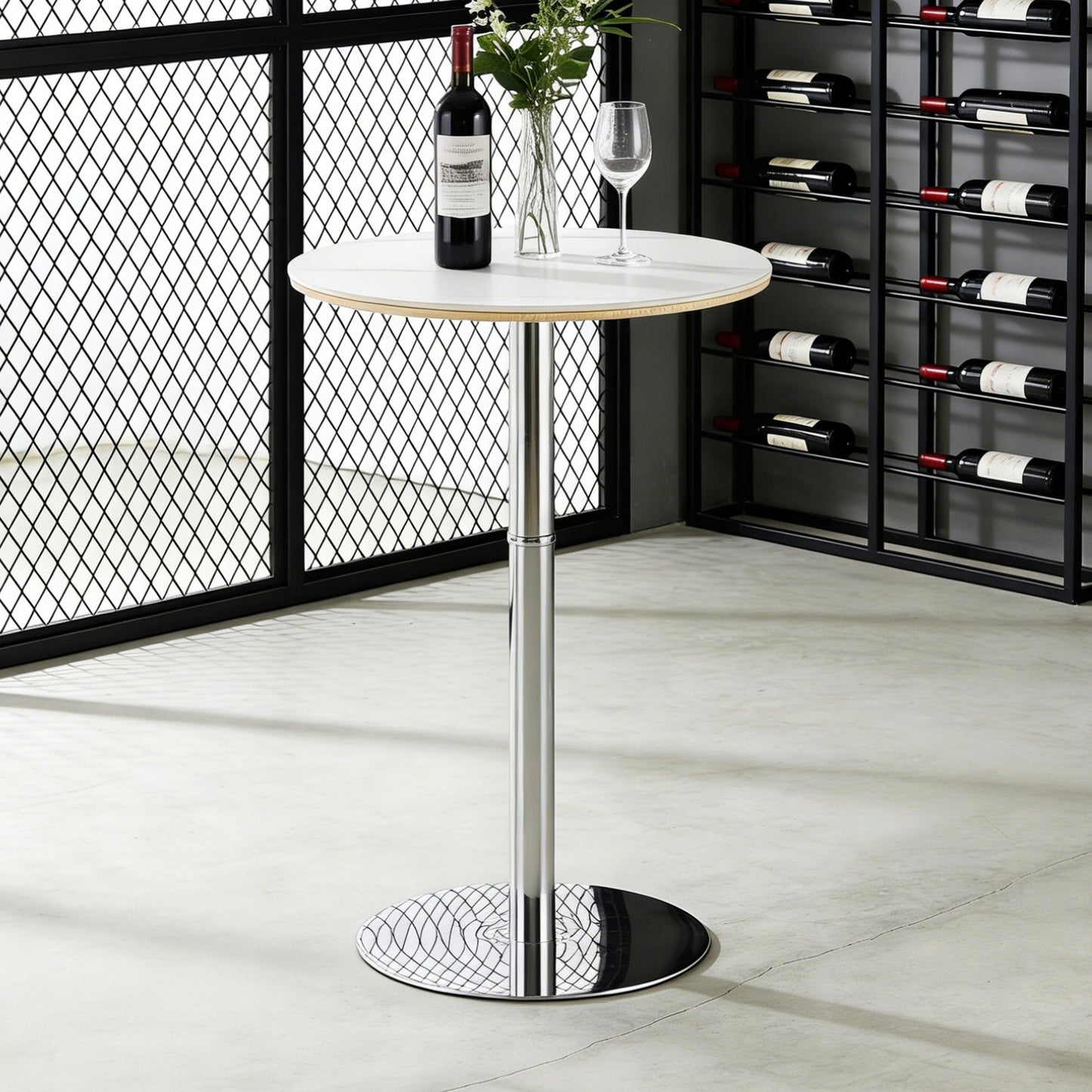 Rock Slab Circular Tabletop Non Adjustable  39 Inches High  Bar Table, Bar Table With Silver Legs And Base  White
