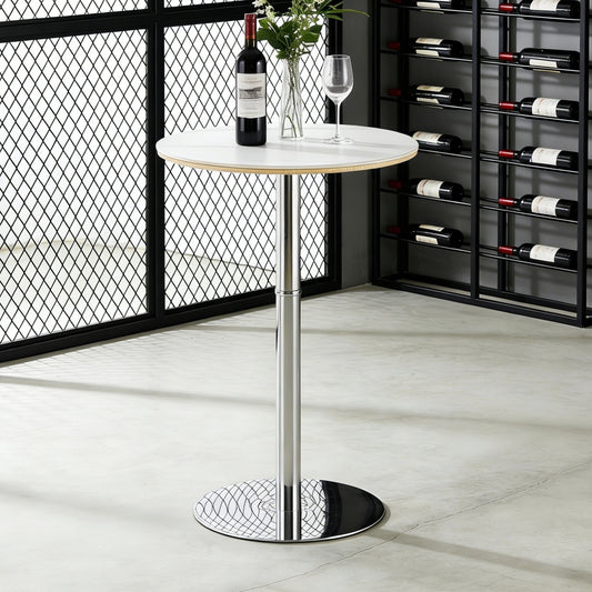 Rock Slab Circular Tabletop Non Adjustable  39 Inches High  Bar Table, Bar Table With Silver Legs And Base  White