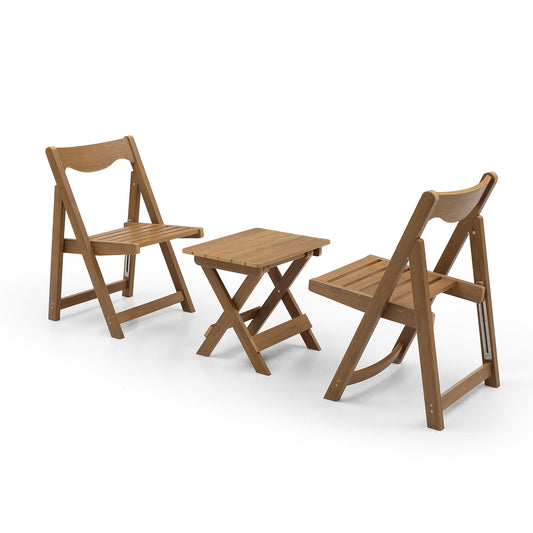 HIPS Material Outdoor Bistro Set Foldable Small Table And Chair Set With 2 Chairs And Rectangular Table, Teak