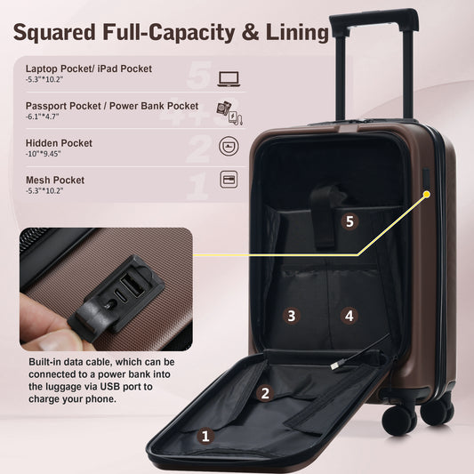 Luggage Sets 5 Piece With Front Opening, Hardside Expandable Carry On Suitcase Set With Double Spinner Wheel, Lightweight Travel Luggage With USB Port,TSA Locks 20-24-28