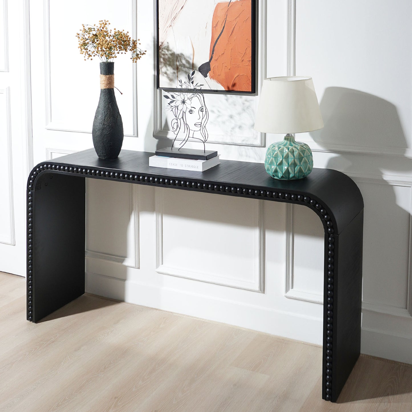 Black Wood Console Table, 59in Entryway Table, Curved Waterfall-style Table,Console Table With Wood Beads,Entrance Table For Entryway, Hallway, Living Room, Foyer, Corridor, Office