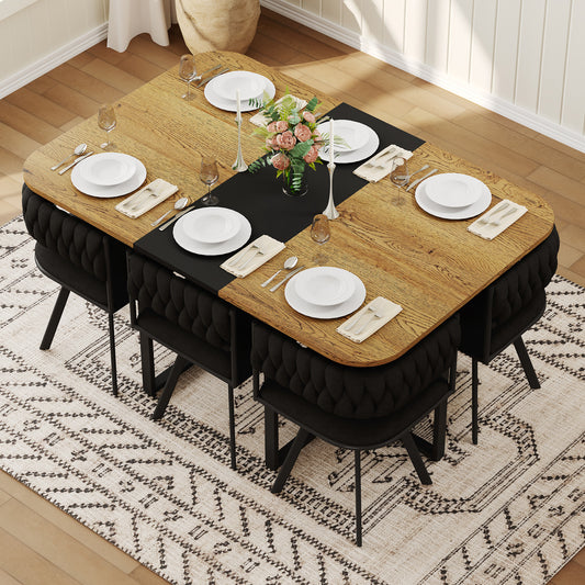 7-Piece Dining Table Set For 6, 1 Table & 6 Black Velvet Upholstered Chairs, Black & Wood Grain Melamine Table, Modern Tufted Kitchen Nook Set For Dining Room, Apartment & Small Space