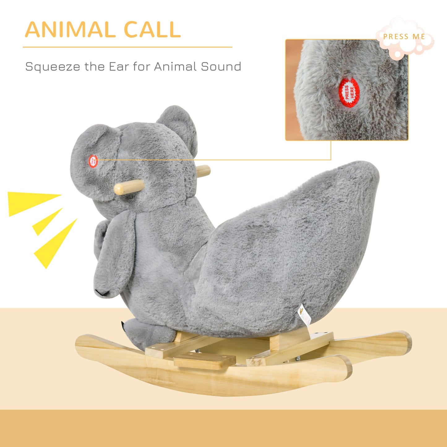 Kids Ride-On Rocking Horse, Koala-shaped Rocker With Realistic Sounds For Children 18-36 Months, Gray