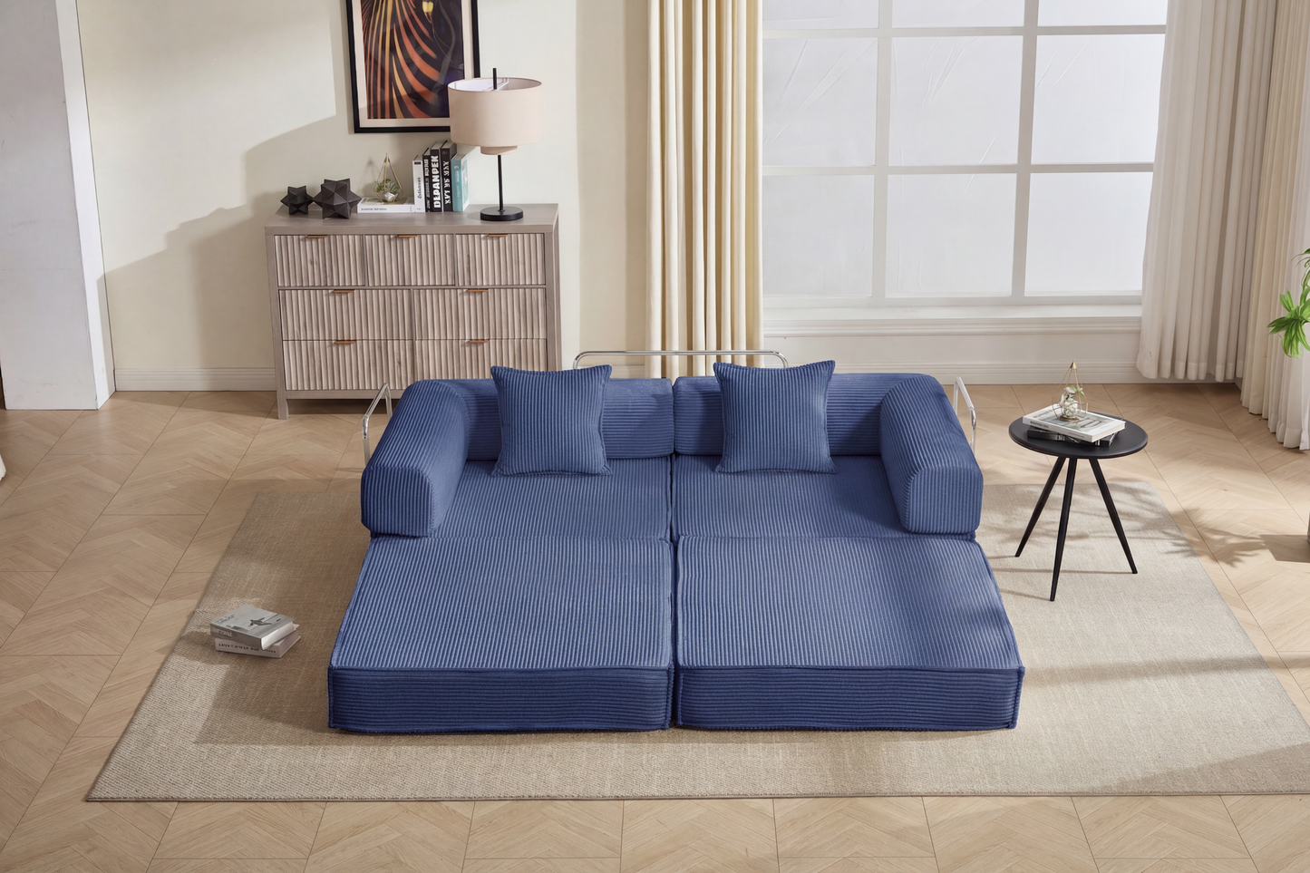 78  Convertible Sofa Bed, Modular Corduroy Couch With 2 Pillows, Space-Saving Compressed Floor Sofa, Ideal For Living Room, Bedroom, Apartment,Navy-Blue.