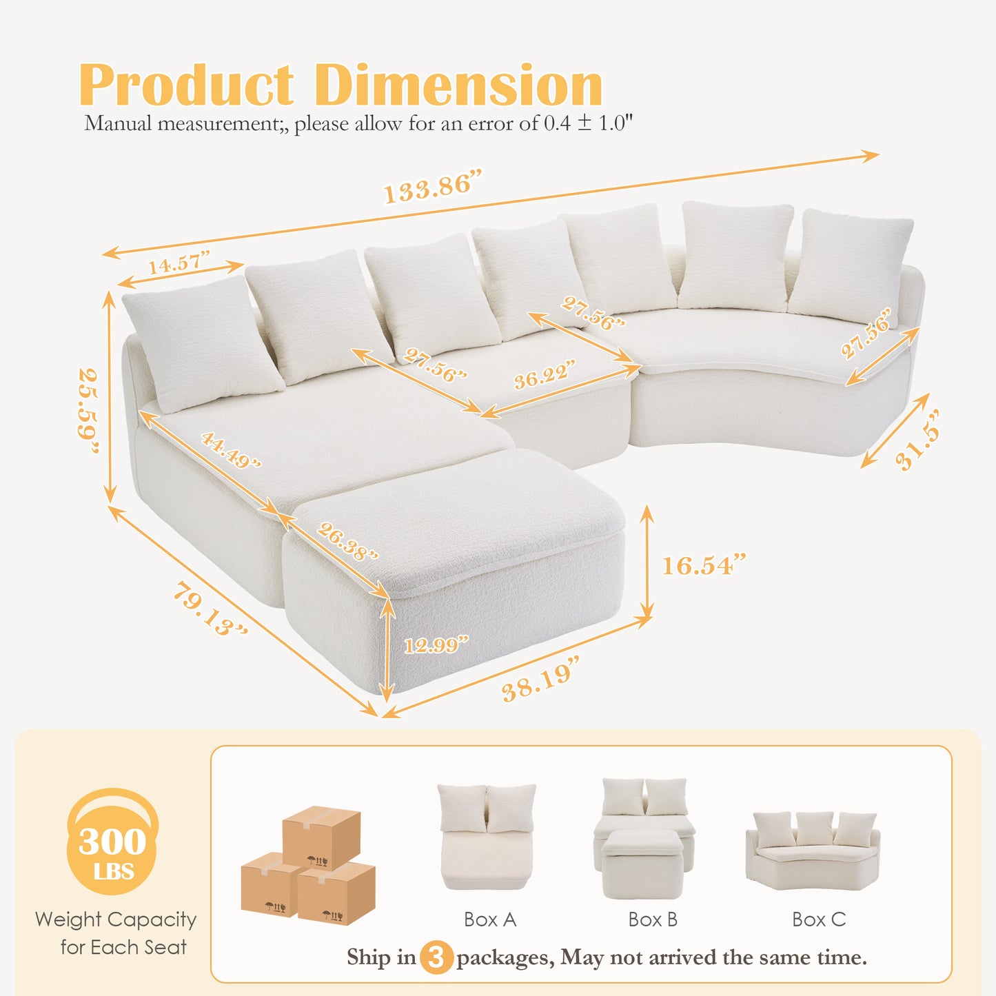133'' Modular U-Shaped Sectional Compression Sofa With Removable Recliner Module White Woodgrain Chenille Boneless Ideal For Large Living Rooms Or Bedrooms Flexible Configuration For A Versatile