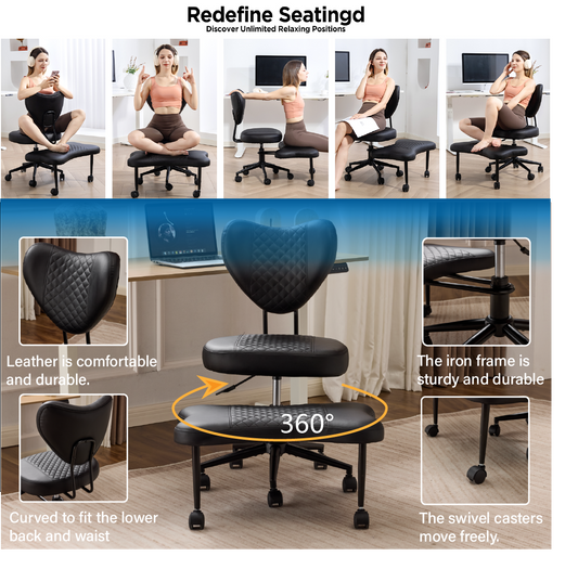 Upgraded Ergonomic Cross Legged Swivel Chair, Adjustable Height And PU Leather, Meditation& ADHA Chair With Back Support, Home And Office,Yoga Chair, Black