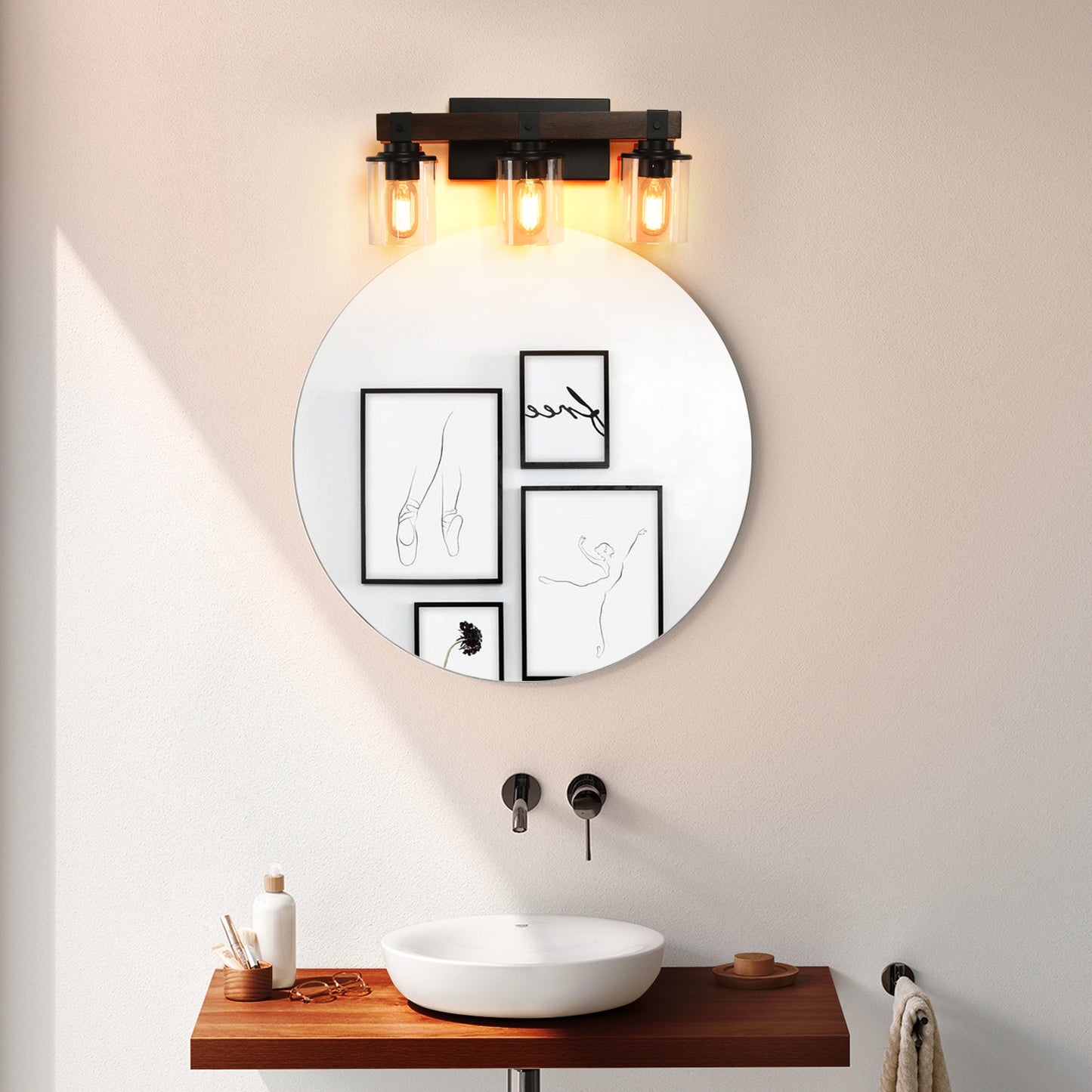 19in  Rustic 3-Light Vanity Light, Industrial Bathroom Wall Sconce With Glass Shades And Wood Accent, Modern Farmhouse Lighting Fixture  No Bulbs