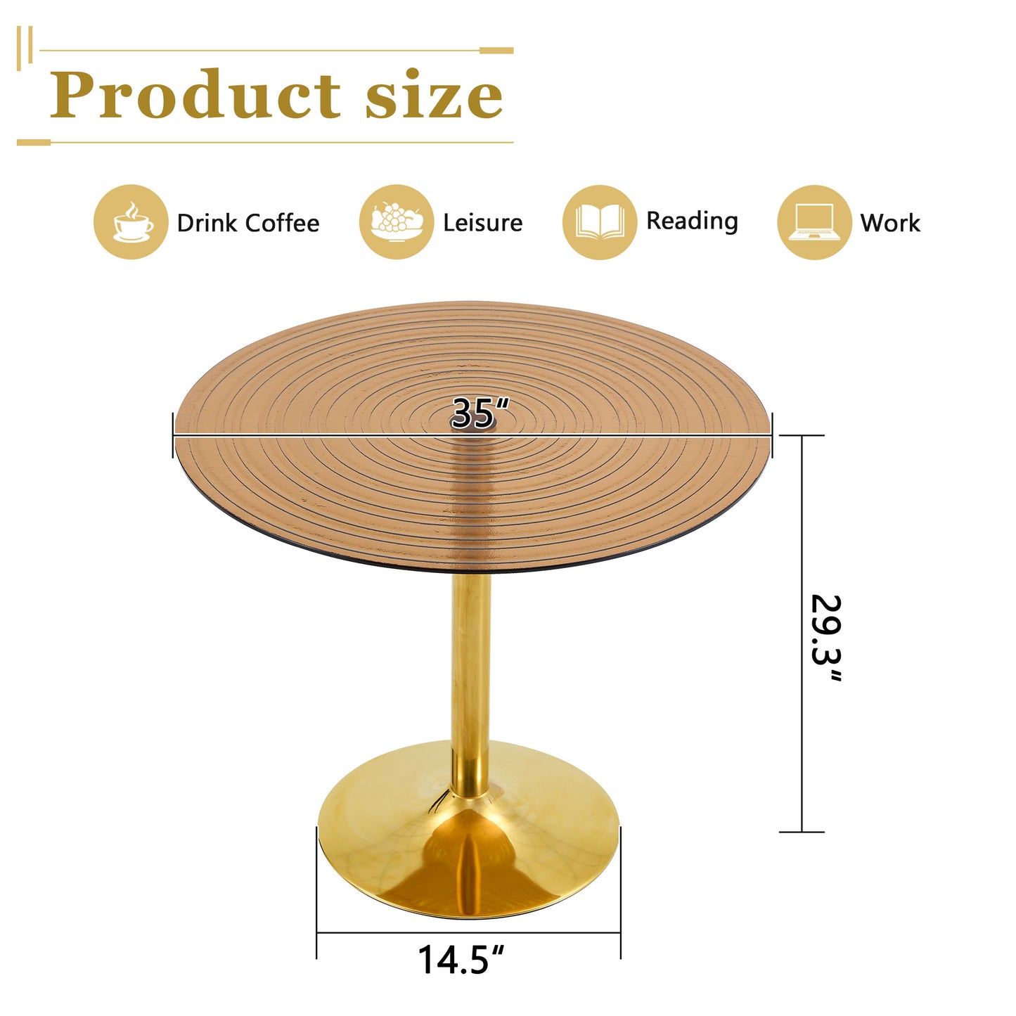 35 Inch Diameter, Light Luxury Brown Ring Glass Round Table. Golden Metal Pillar. Negotiation Table, Household Coffee Table, Dining Table. Suitable For Small Dining Spaces Of 2-4 People.