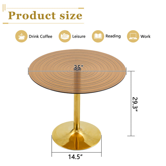 35 Inch Diameter, Light Luxury Brown Ring Glass Round Table. Golden Metal Pillar. Negotiation Table, Household Coffee Table, Dining Table. Suitable For Small Dining Spaces Of 2-4 People.