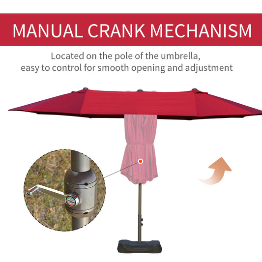 Patio Umbrella 15' Steel Rectangular Outdoor Double Sided Market With Base, UV Sun Protection & Easy Crank For Deck Pool Patio, Wine Red