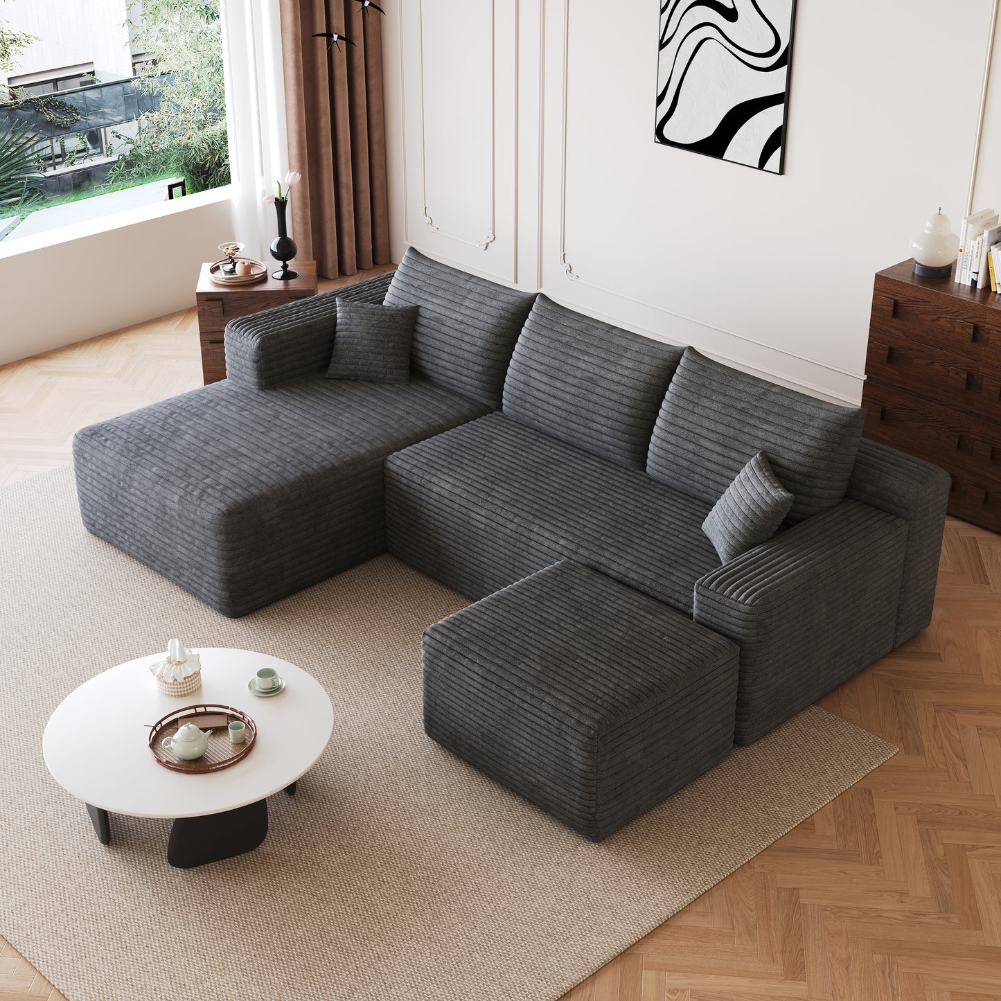 95  Cloud Sectional Sofa With 1 Ottoman,Modern Minimalist Upholstered Couches, Comfort U Shaped Sofa For Living Room,Deep Seat Corner Couch,No Assembly Required,Dark Grey  Plush Corduroy Fabric