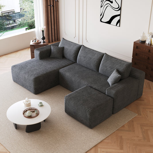 95  Cloud Sectional Sofa With 1 Ottoman,Modern Minimalist Upholstered Couches, Comfort U Shaped Sofa For Living Room,Deep Seat Corner Couch,No Assembly Required,Dark Grey  Plush Corduroy Fabric