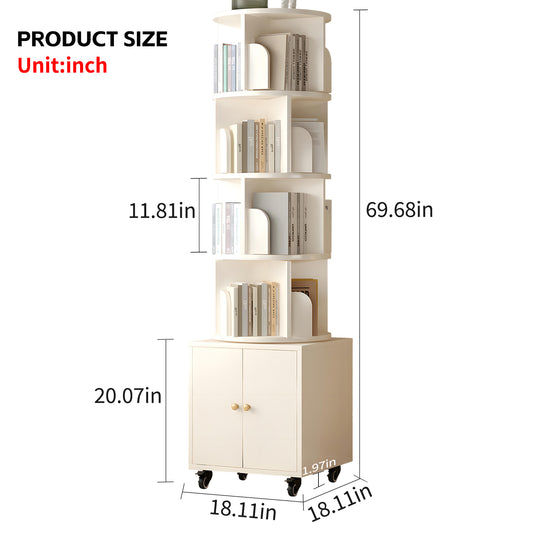 Rotating Bookshelf, 360 Degree Display 5 Tier Corner Bookshelf With Drawer For Small Space, Floor Standing Bookcase Storage Rack, Wood Narrow Organizer For Bedroom, Living Room, WHITE COLOR