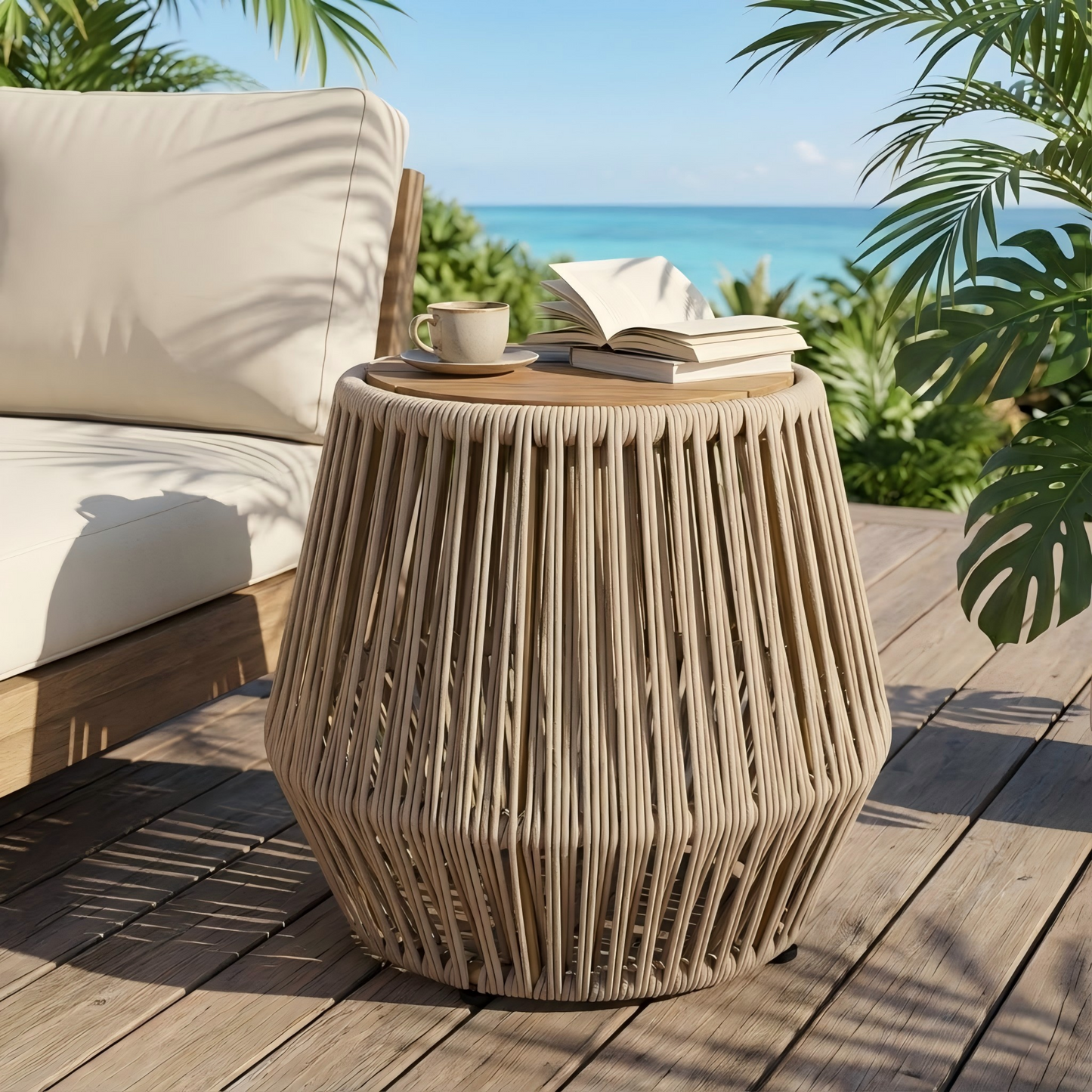 Acacia Wood Side Table With Beige Rope Base - Light Teak Finish, Modern Coastal Accent For Patio, Garden, Balcony & Indoor Use