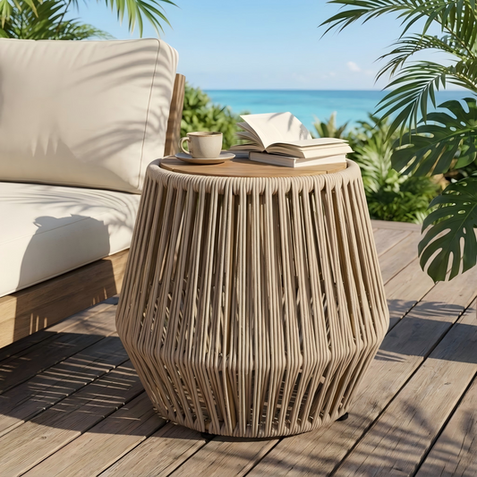 Acacia Wood Side Table With Beige Rope Base - Light Teak Finish, Modern Coastal Accent For Patio, Garden, Balcony & Indoor Use
