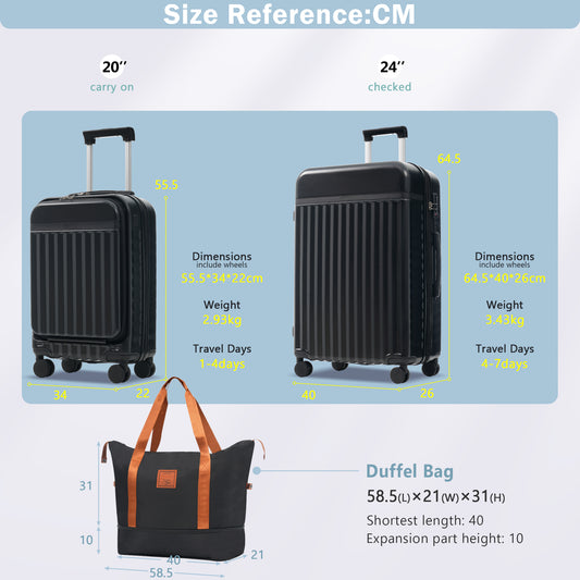 Front Opening Luggage Set 3 Piece, Hardside Carry On Suitcase With USB Port, Expandable Luggage With Handle Bag Spinner Wheels TSA Lock