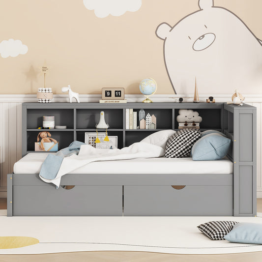 Wooden Twin Size DayBed With 2 Drawers, DayBed With Storage Shelf And USB Charging Ports,Grey OLD