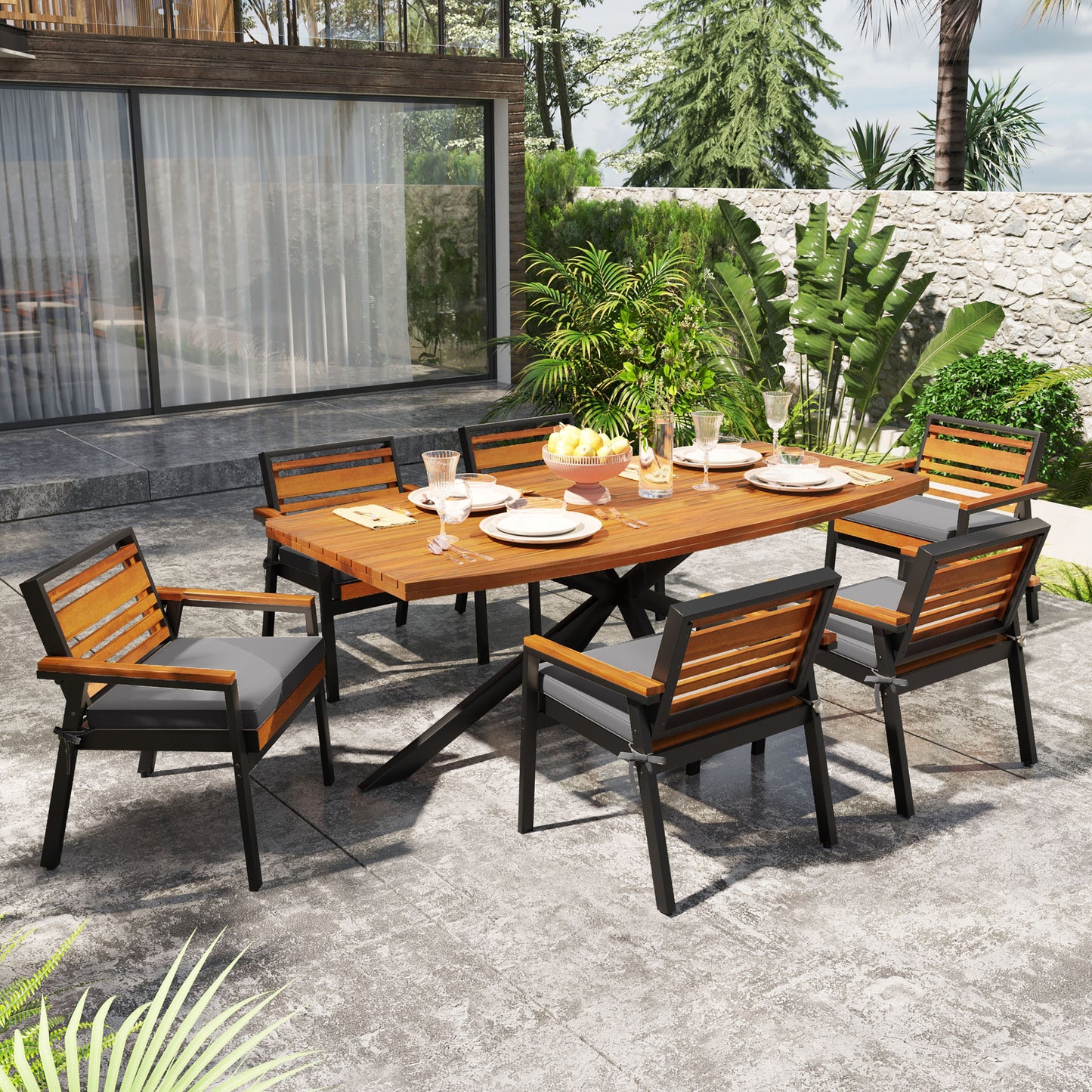 Modern 7-Piece Dining Set, Acacia Wood With Iron Frame, 6 Chairs With Dual-Layer Iron & Wood Seat Frame And Detachable Cushions, Outdoor Indoor Furniture For Patio And Garden, Gray