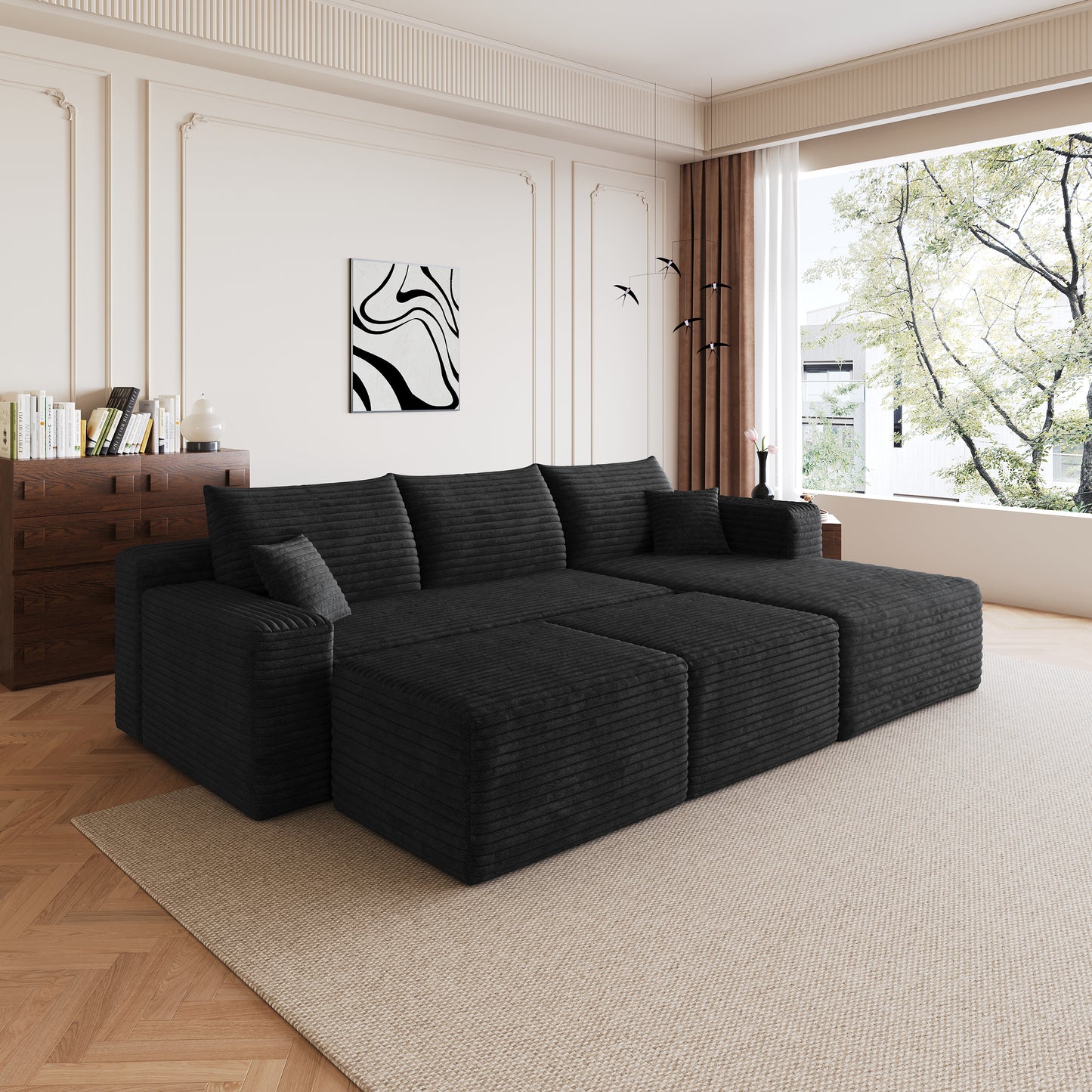 95  Cloud Sectional Sofa With 2 Ottoman,Modern Minimalist Upholstered Couches, Comfort U Shaped Sofa For Living Room,Deep Seat Corner Couch,No Assembly Required,Black  Plush Corduroy Fabric
