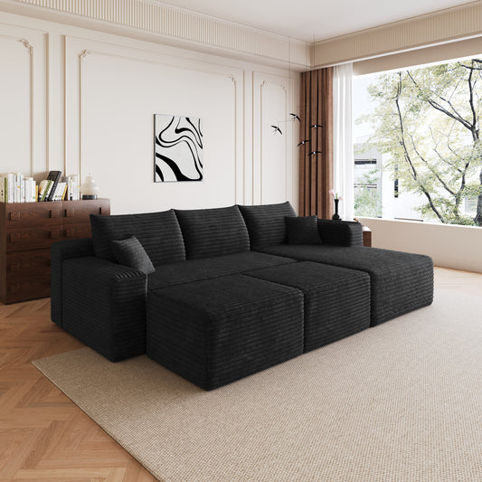 95  Cloud Sectional Sofa With 2 Ottoman,Modern Minimalist Upholstered Couches, Comfort U Shaped Sofa For Living Room,Deep Seat Corner Couch,No Assembly Required,Black  Plush Corduroy Fabric