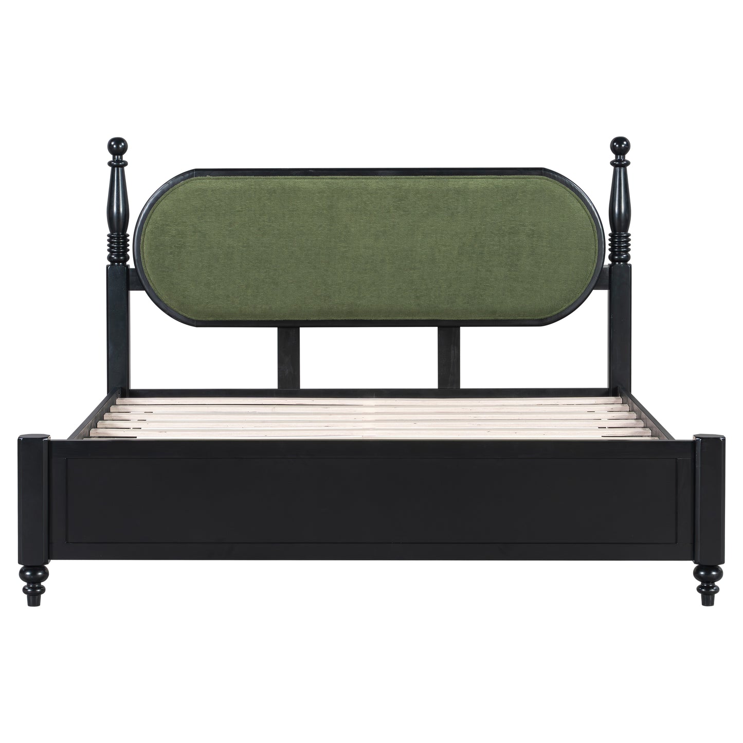 Queen Bed Frame, Solid Wood Platform With Slats, Green & Black Upholstered Headboard, Modern No Box Spring Needed