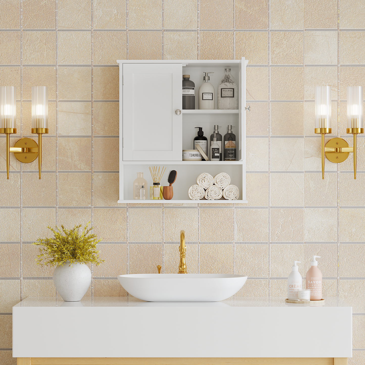 Bathroom Wall Cabinet With Door, Over Toilet Storage Cabinet With And Adjustable Shelves, 3-Tier Medicine Cabinet Wall Mounted, For Bathroom, Kitchen, Entryway, Laundry Room, White