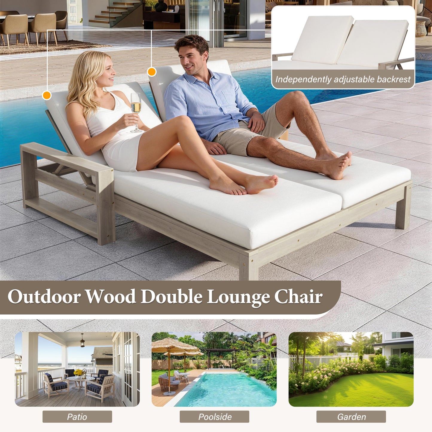 TREXM Outdoor Double Lounge Chair With 5-Position Adjustable Backrest For Each Seat  Wood Patio Chaise Lounge With Removable Cushions For Patio  Poolside  Garden  Grey Beige Cushion