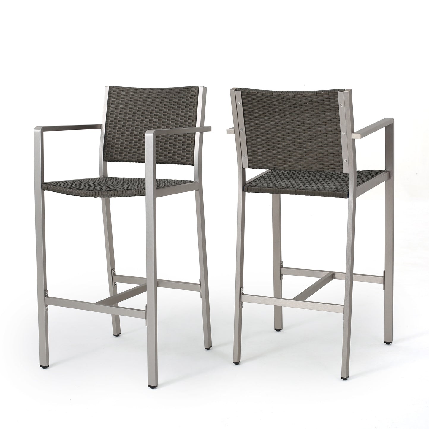 Outdoor 29.50 Rust-Proof Aluminum Barstools With PE Rattan Seat And Backrest, Set Of 2, Silver & Grey