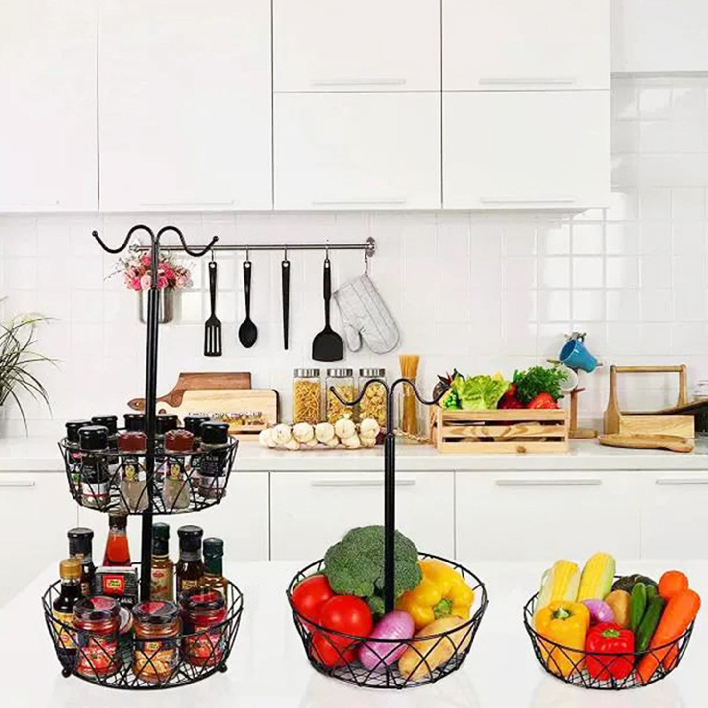 Fruit Basket With Banana Hanger Iron 2 Tier Detachable Countertop Fruit Storage Holder Stand For Living Room