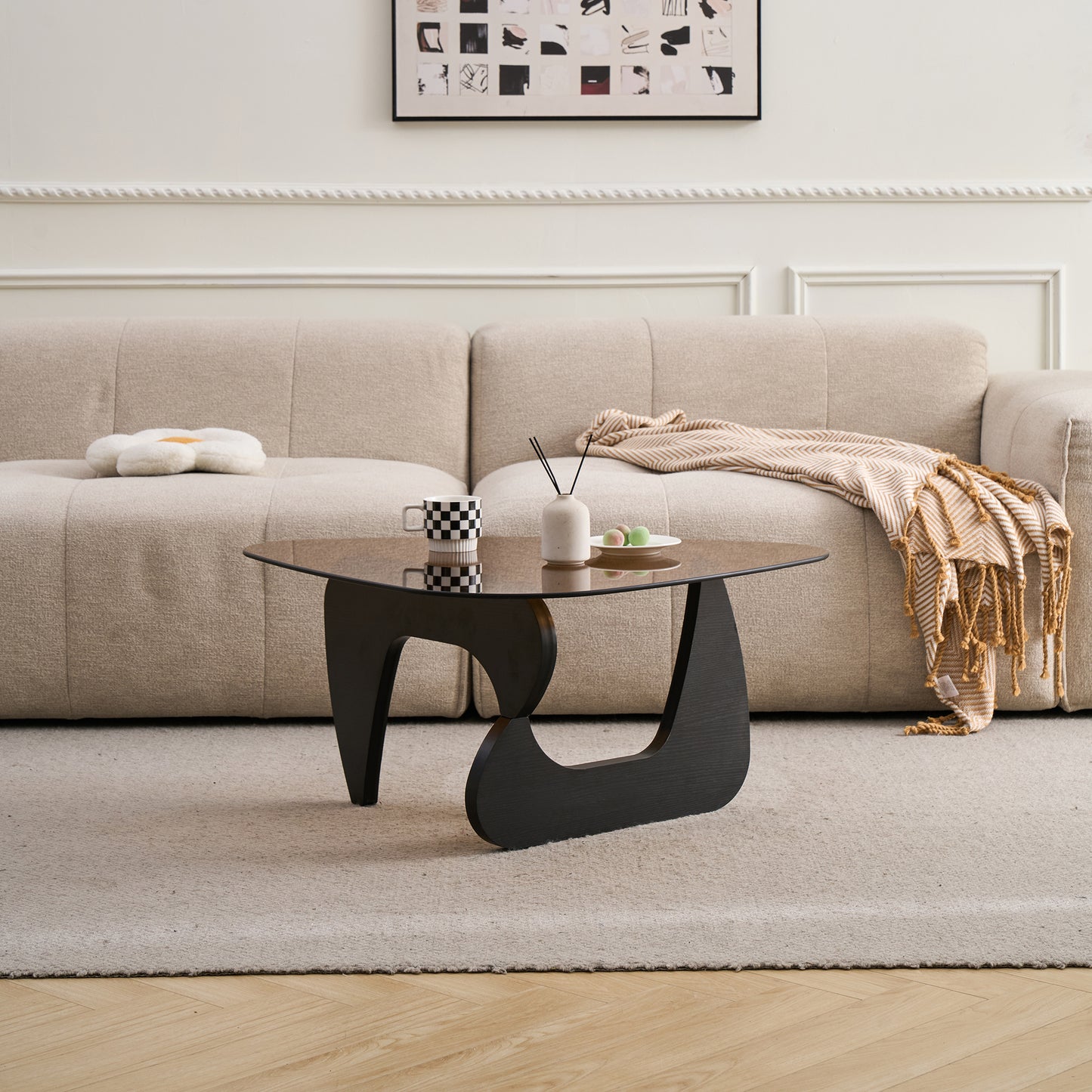 Small Farmhouse Coffee Table Mid-Century Modern Wood Center Table For Living Room, Black