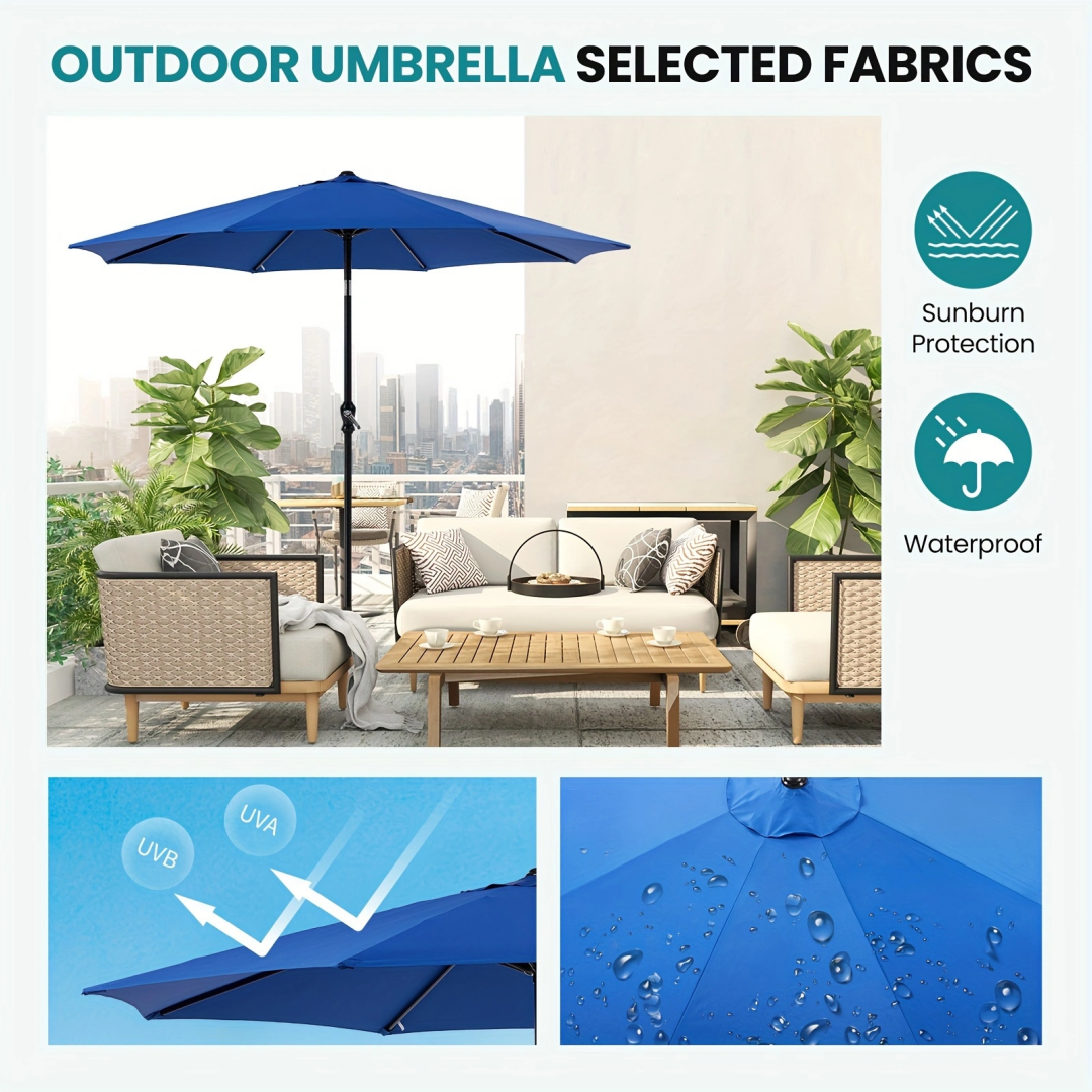 Outdoor Patio Umbrella With Push Button Tilt And Crank, Market Umbrella 8 Sturdy Ribs UV Protection Waterproof For Garden, Backyard, Red