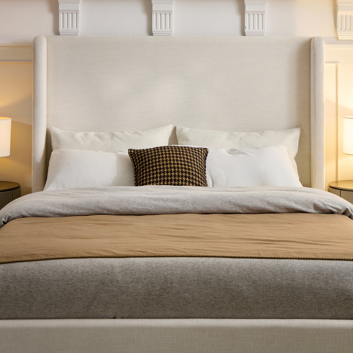 Carmen Upholstered Wingback Bed   Upholstered Platform Bed Frame   52  High Headboard   Simplicity   Minimalist   No Box Spring Needed     California King   Textured Ivory Canvas   No Noise