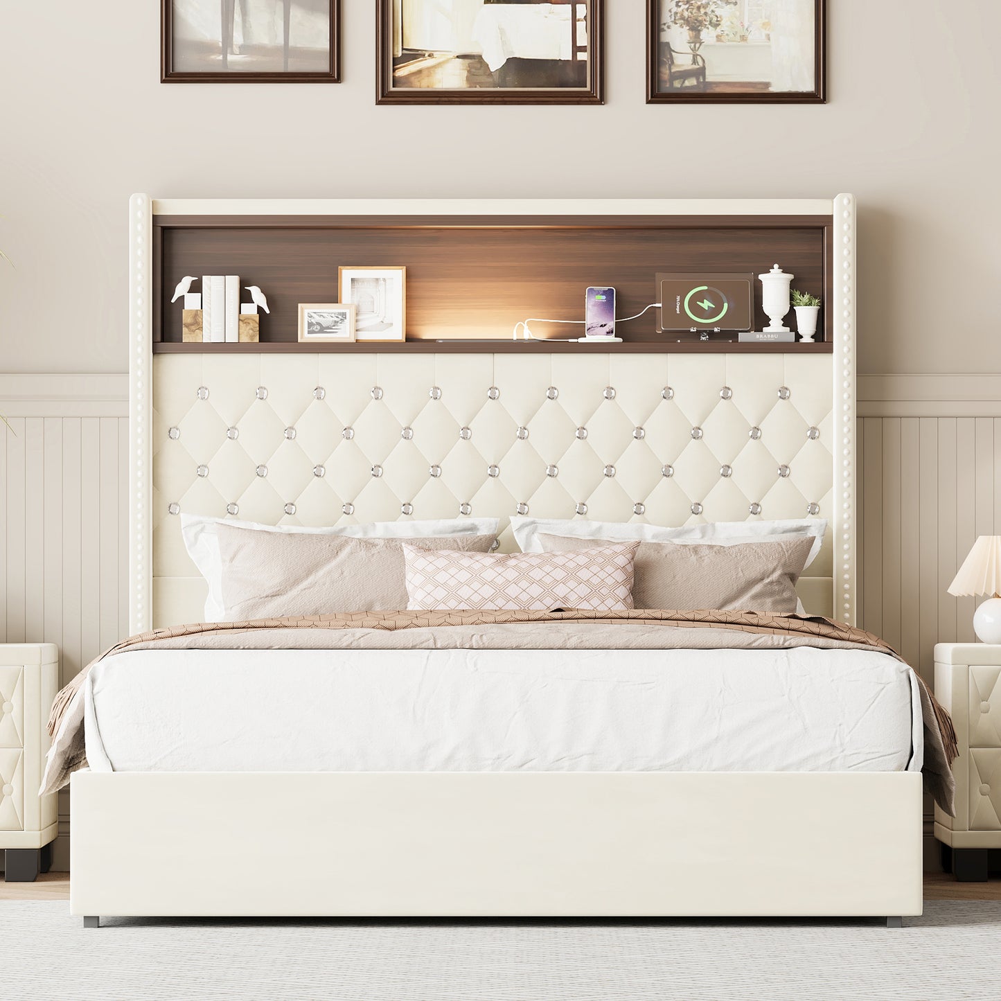 Full Size Velvet Tufted Soft Bed Frame With USB Port And Night Light,52High Headboard With Rivet Decoration,Wing-back Platform Bed With Headboard Shelf,Beige