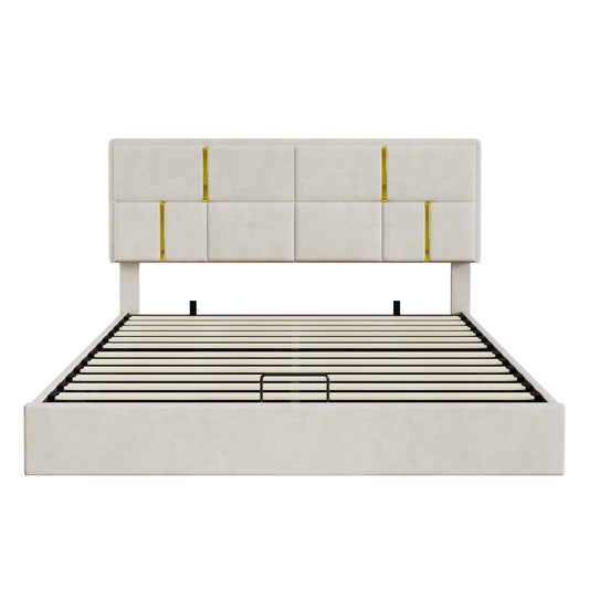 Queen Size Upholstered Platform Bed With Hydraulic Storage System,No Box Spring Needed,Beige