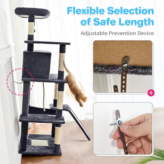 ABCPET 63-inch Multi-level Cat Climbing Frame, Indoor Cat Sisal Scratch Post, Cat Bed, Hammock, Hanging Ball, Extension Platform,Self-pickup Only