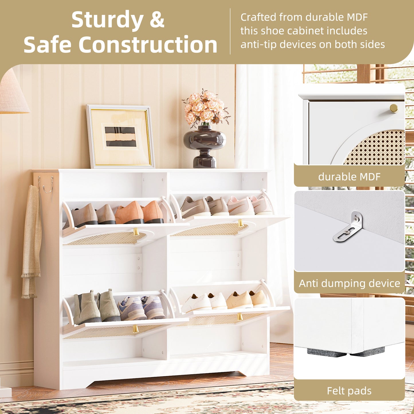 Mid-Century Narrow Design Tipping Bucket Shoe Cabinet With 4 Flip Drawers, Elegant Entryway Shoe Organizer With 4 Rattan Doors, Freestanding Shoe Rack With 2 Silvery Hooks For Hallway, White, 42.1 W