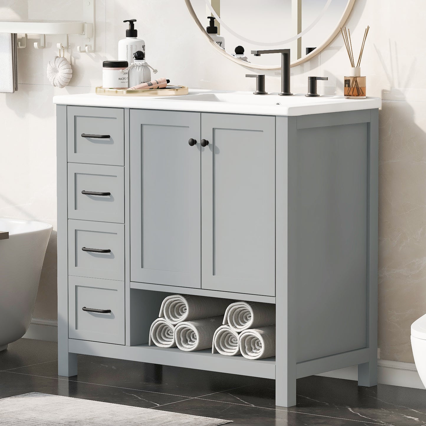 36  Bathroom Vanity With Sink Top, Bathroom Vanity Cabinet With Two Doors And Two Drawers, Solid Wood, Open Shelf, MDF Boards, Two Package, Grey