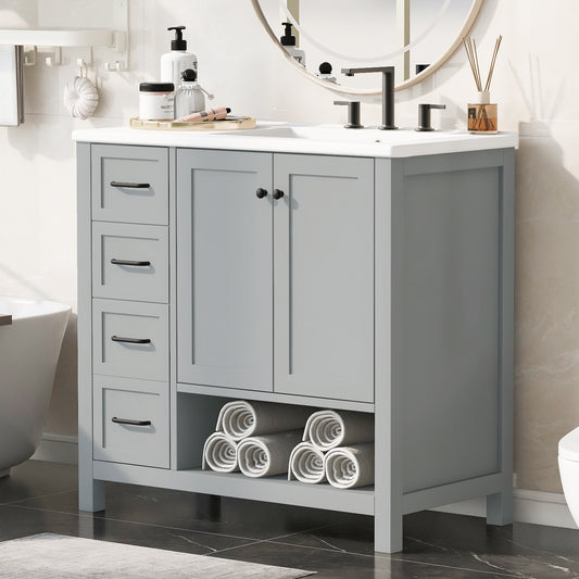 36  Bathroom Vanity With Sink Top, Bathroom Vanity Cabinet With Two Doors And Two Drawers, Solid Wood, Open Shelf, MDF Boards, Two Package, Grey