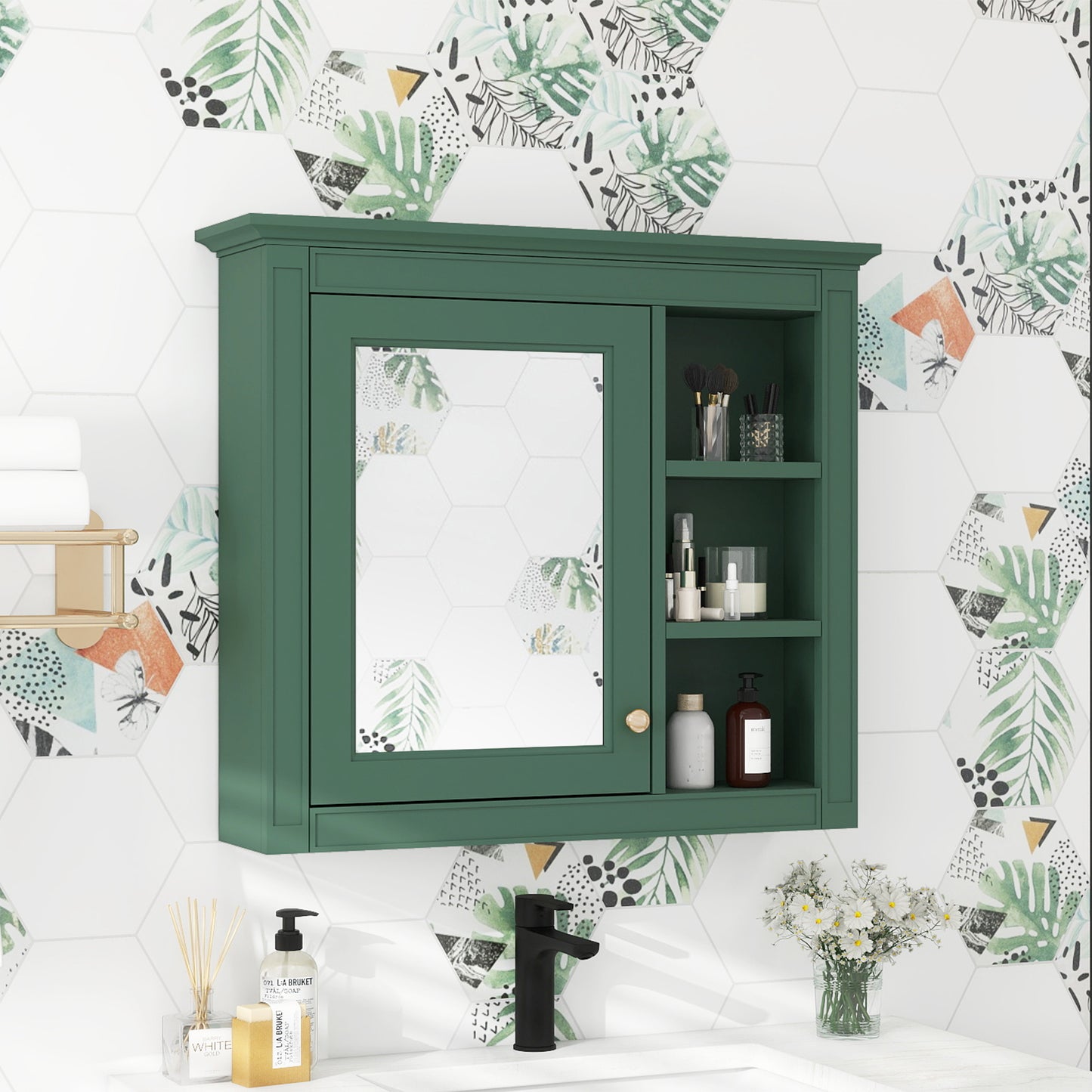 30   X 28   Medicine Cabinet, Wall Mounted Bathroom Storage Cabinet, Modern Bathroom Wall Cabinet With Mirror,Medicine Cabinet,  Mirror Cabinet With 3 Open Shelves   Not Include Bathroom Vanity