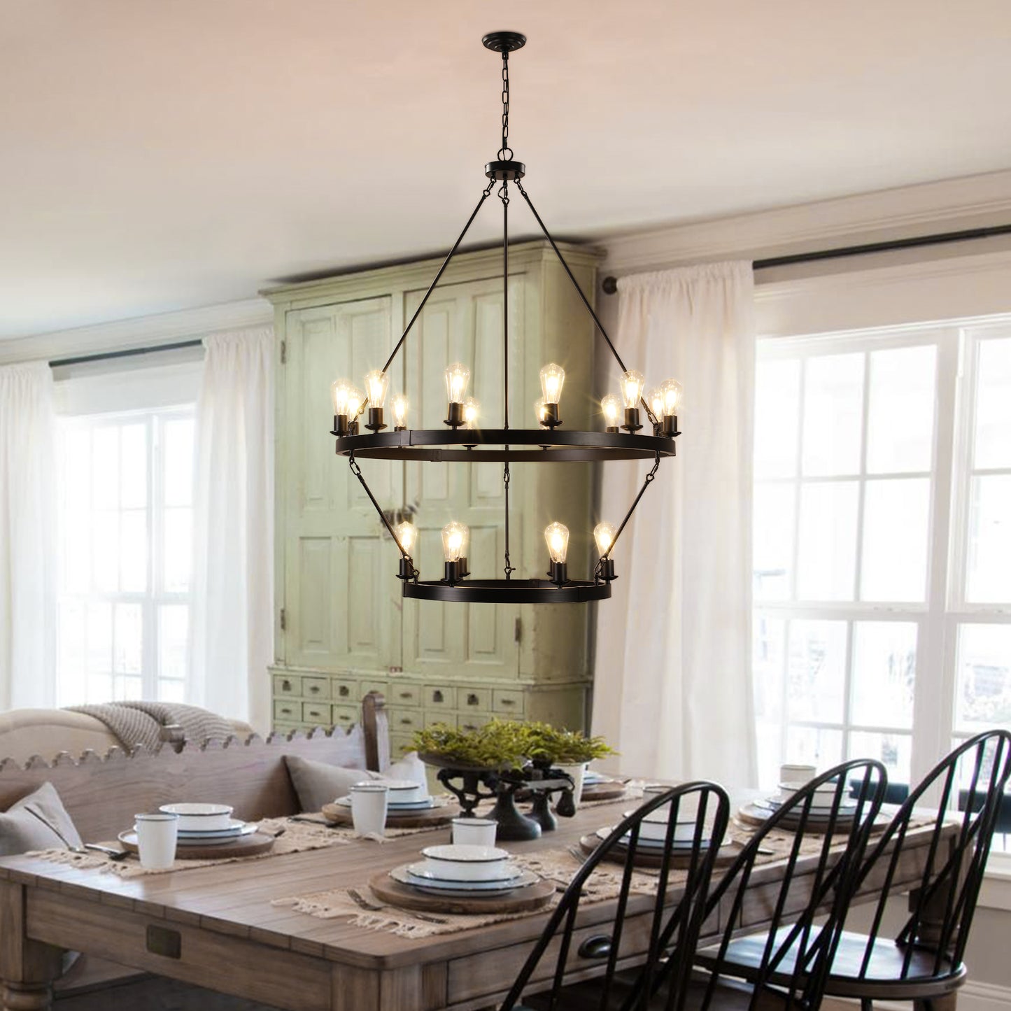 NEW SKU   W1340P206659   Retro Style Large 2-Tier Circular Ceiling Ironwork Chandelier