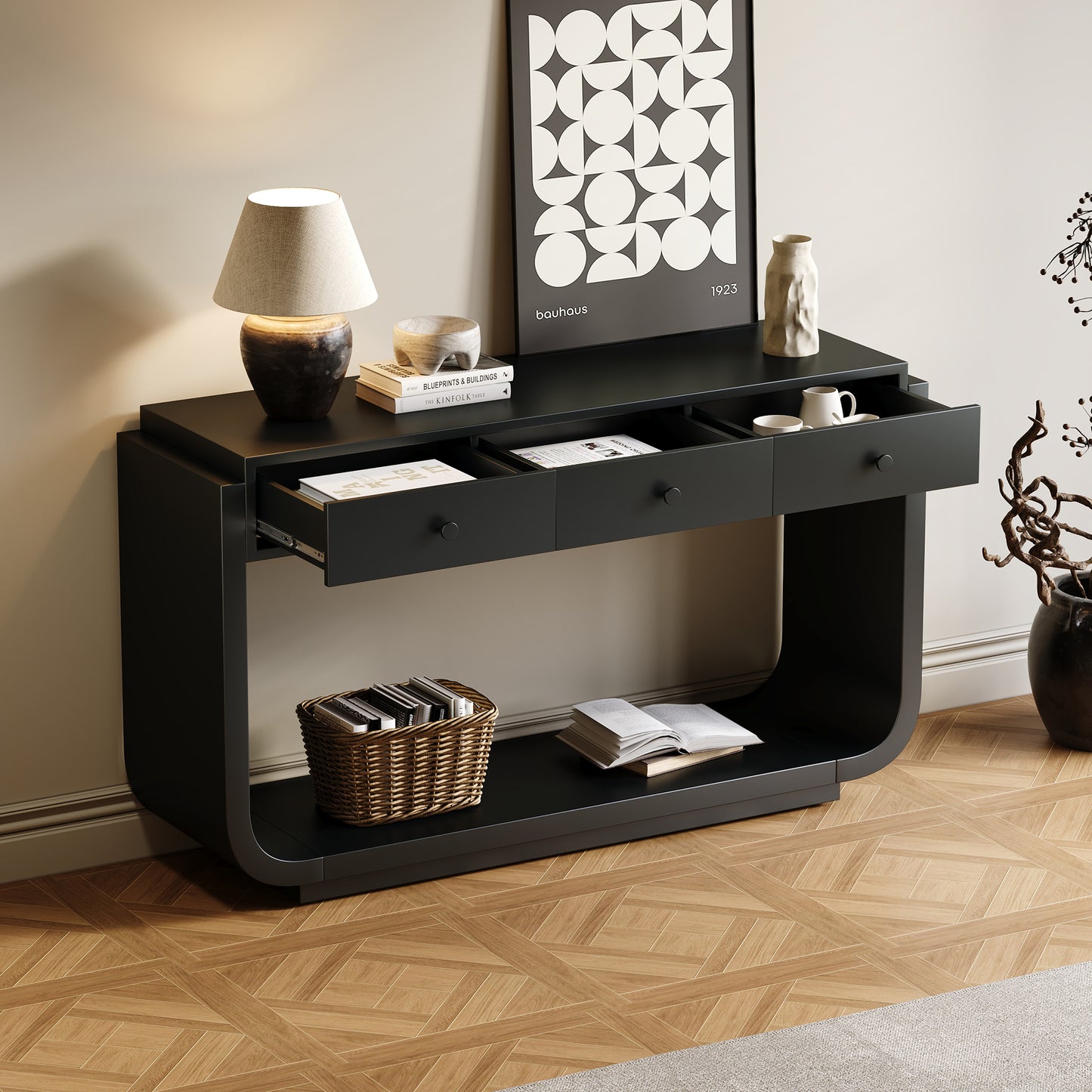 Classic-Style Console Table, 3 Storage Drawers, Display Shelf, Curved Legs, Painted Finish, Entryway Hallway Living Room, Black