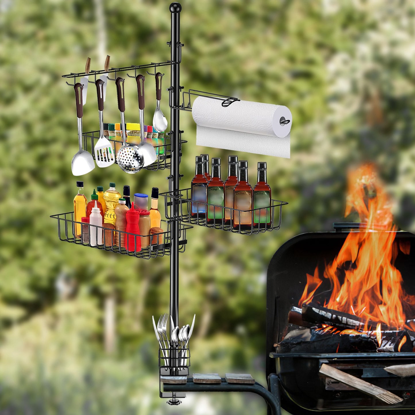 Standing BBQ Storage Caddy, Large Capacity Griddle Organizer With Multi-Size Baskets, Tool Hooks & Windproof Paper Towel Holder, Easy Assembly For Camping Picnic Party