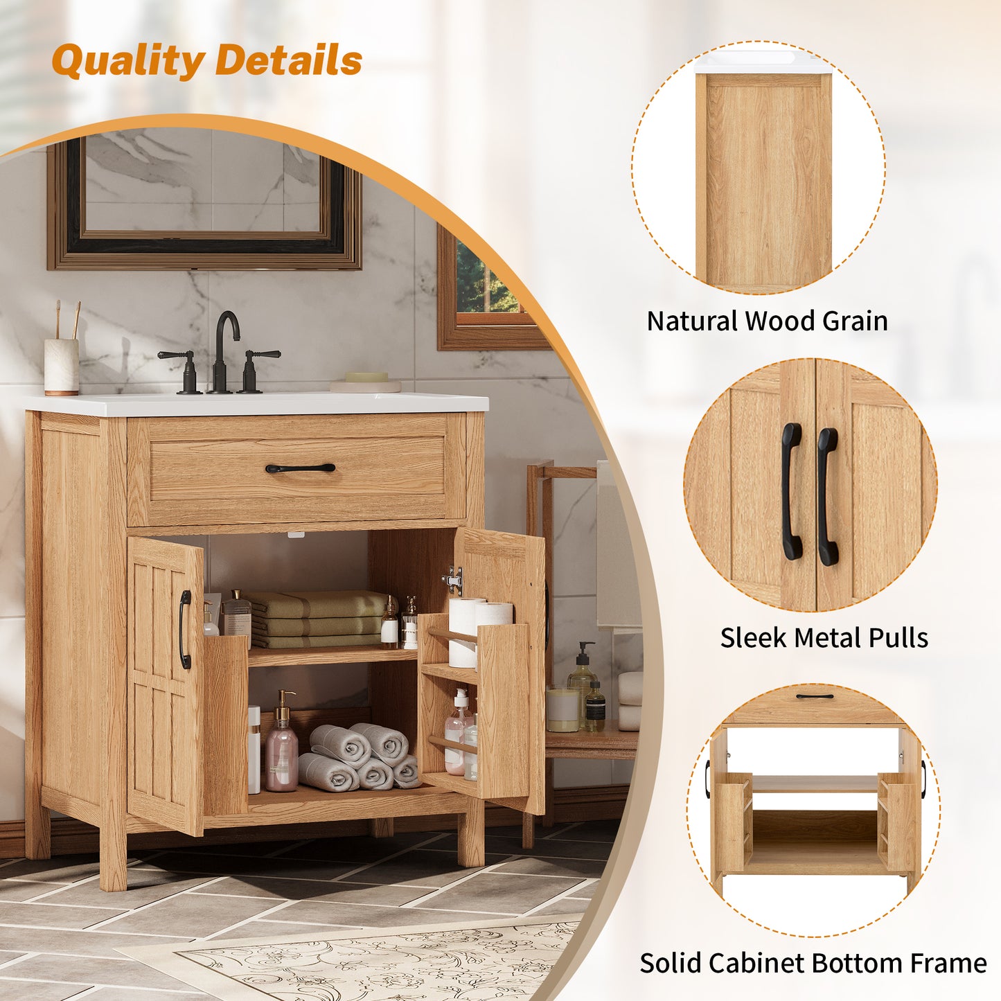 30   Bathroom Vanity With Resin Sink, Solid Wood Frame Bathroom Sink Cabinet With Adjustable Shelf, Cabinet Door Organizers, Natural Wood Grain