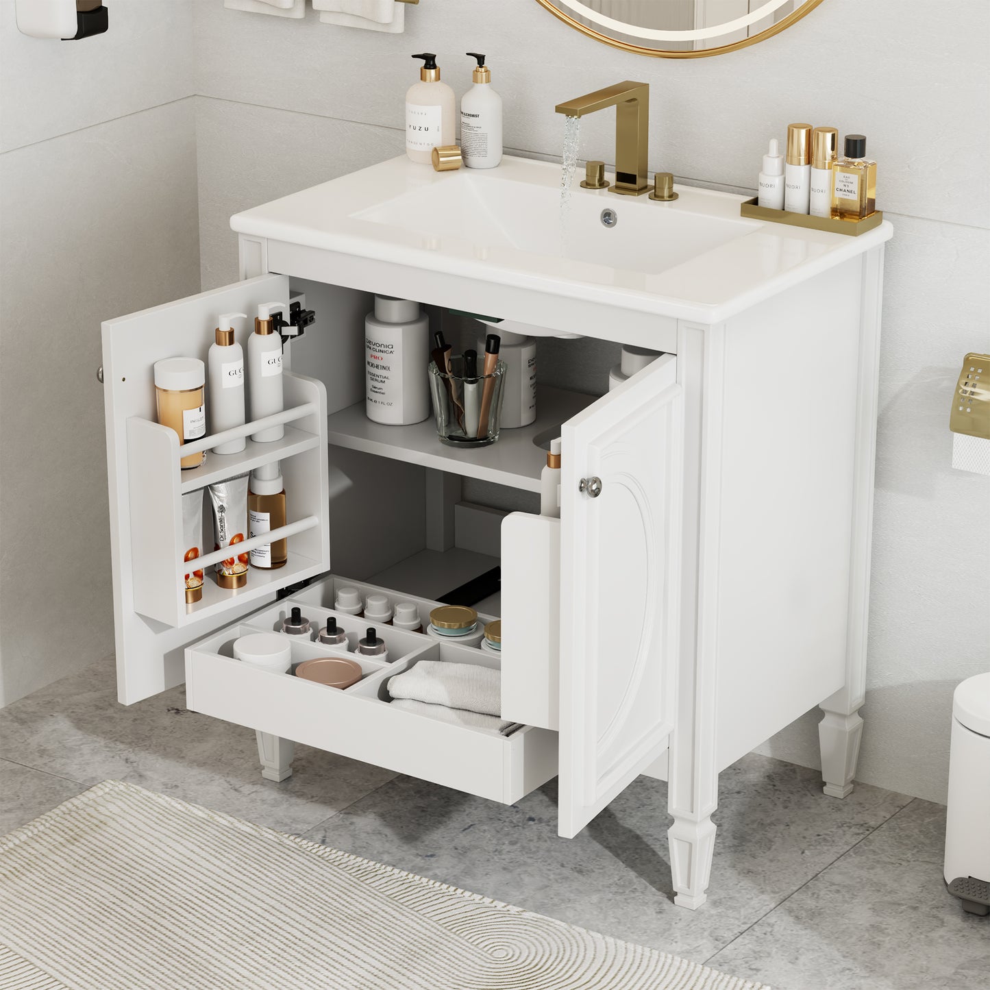 30  Bathroom Vanity With Sink, Two Doors With Shelf, Soft Close Door Hinges, Vintage Style, White