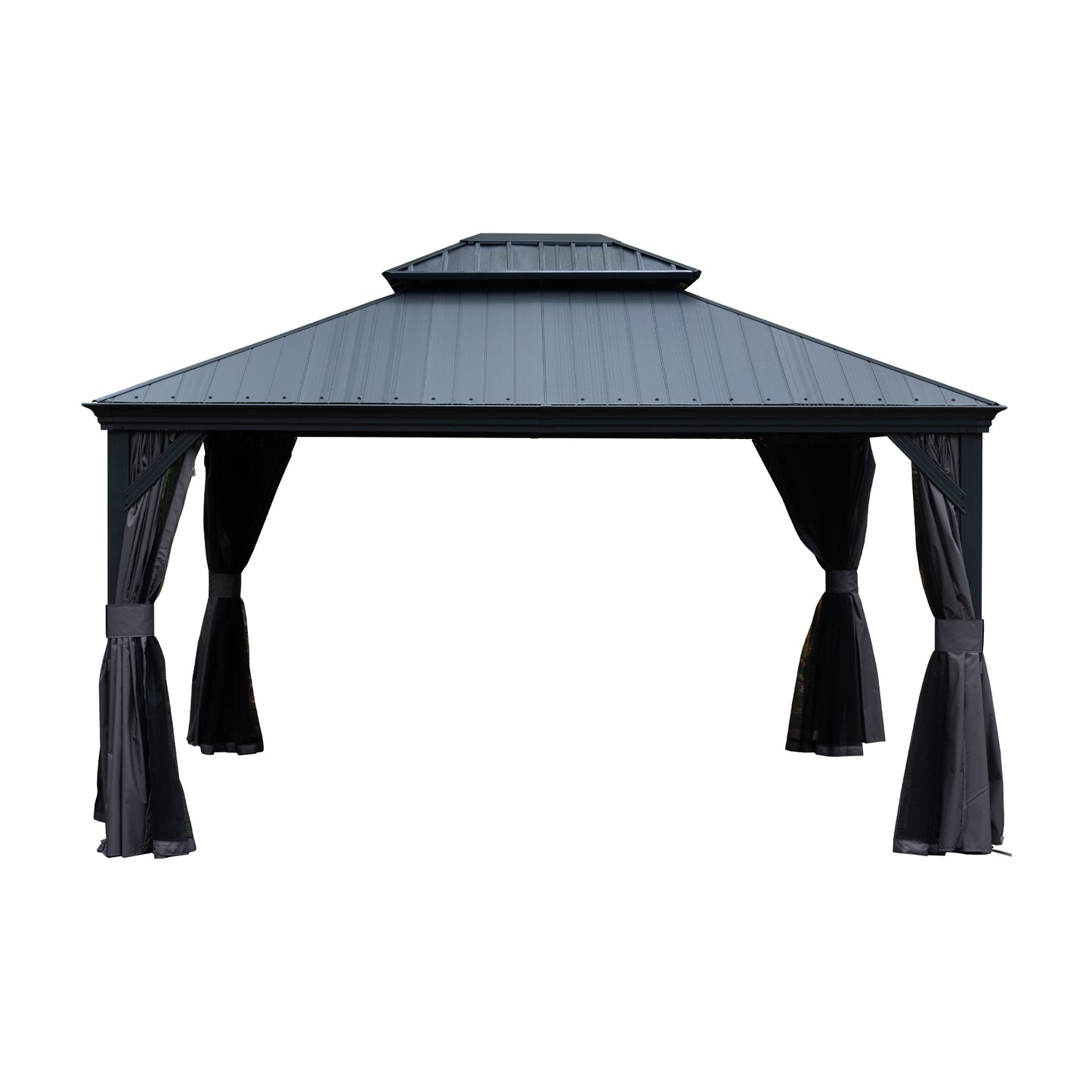 10 X12  Hardtop Gazebo With Resin Roof, Outdoor Metal Gazebo With Drainage Gutters, Permanent Heavy Duty Pavilion For Patio, Backyard And Deck, Curtains And Mosquito Netting Included