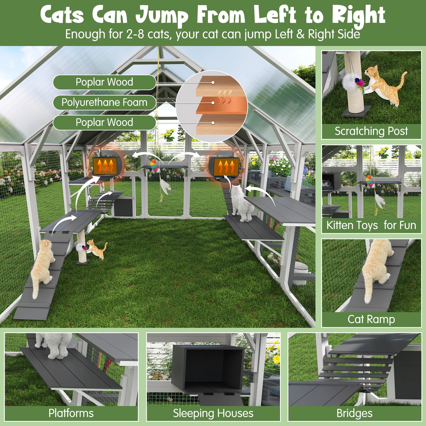 Large Outdoor Cat House With Planter Stand, Wooden Cat Enclosure With Resting Boxes For Multiple Kittens, Hanging Bridge, Platforms,Walk-In Catio Cage  With Waterproof Proof Cover, Grey And White